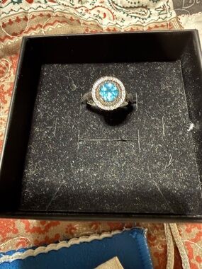 Blue Topaz Halo Ring in Sterling Silver - Women's Ring